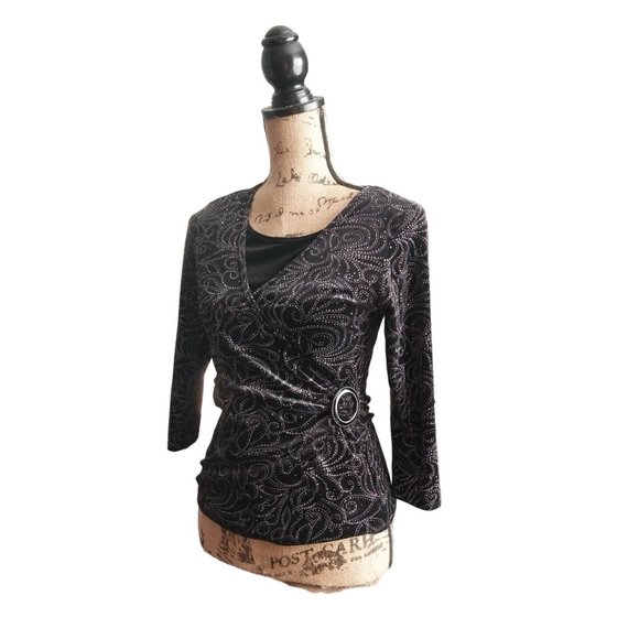 Notations Petite PS Womens Velvet Black Shimmer Long Sleeve Shirt Top - Picture 1 of 12